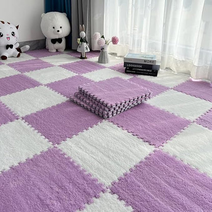 16pcs 0.6" Thickened Interlocking Tile Mats,Fluffy Shaggy Soft EVA Foam Area Rug for Living Room & Bedroom,Non-Slip Protective Floor Carpet Play Mat Kids Baby Dorm Home Decor (11.8ft, Purple)