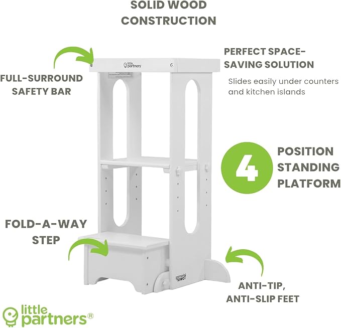 Little Partners Foldable Toddler Tower, Learning Tower Explore 'N Store Montessori Standing Kitchen Tower with Folding Step Stool Platform for Cooking and Learning, Ages 2+ (Soft White)