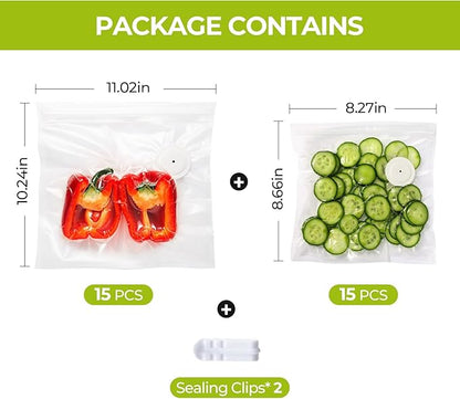 Reusable Vacuum Sealer Bags for Food with Air Valve, 30 Pack BPA‑Free Food Saver Bags Dishwasher‑Safe, Freezer,Microwave, Odor-Resistant, Leak‑proof for Leftovers, Meal Prep, Sous Vide, BBQ