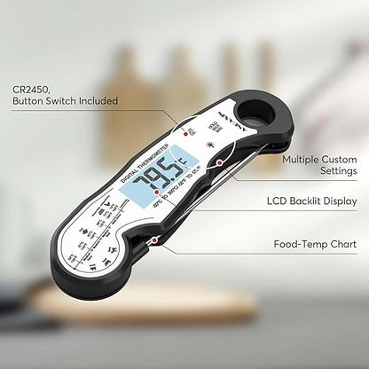 Digital Instant Read Meat Thermometer Digital for Grilling and Cooking - ANDAXIN Waterproof Ultra-Fast Thermometer with Backlight&Calibration&Foldable Probe for Kitchen,Deep Fry,BBQ,Grill-Black/White