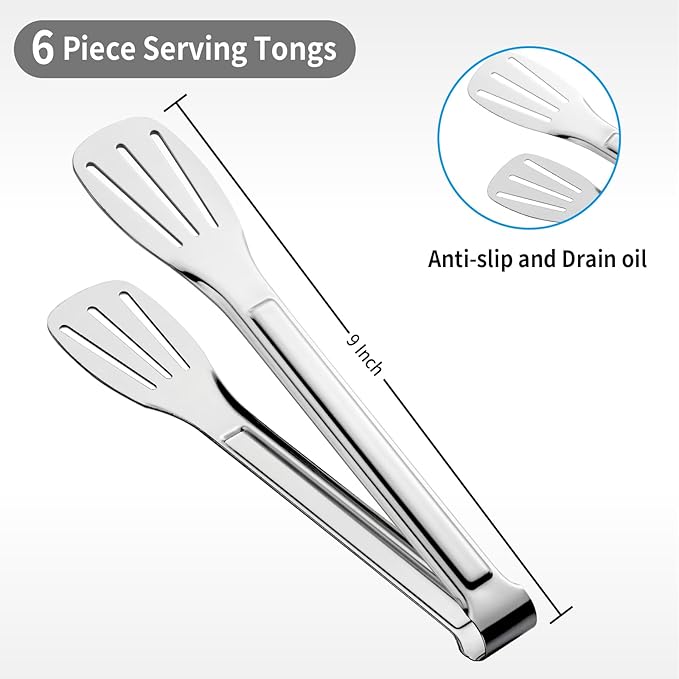 6 Pack Tongs for Cooking, Amafox Stainless Steel Small Serving Tongs for Food, Multifunctional Kitchen Tongs for Serving Food, Salad, Steak, Appetizer, Dishwasher Safe (9 Inch)