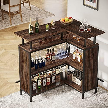 Tribesigns Home Bar Unit, L-Shaped Bar Table with Stemware Racks and 2-Tier Shelves, Corner Mini Coffee Liquor Cabinet with Footrest for Home/Kitchen/Pub, Rustic Brown
