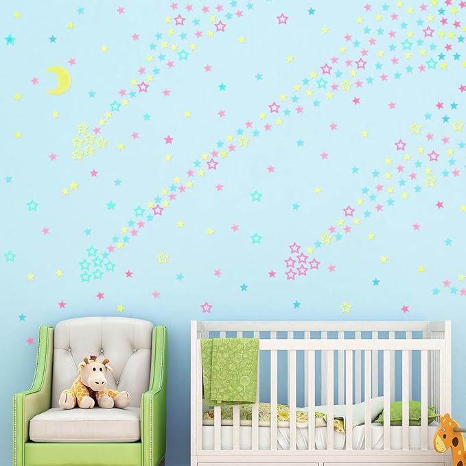 140 pcs Colorful Glow in The Dark Moon and Stars Wall Stickers Yellow Pink Blue Glowing Star Decor DIY 3D Hollow Luminous Stars Wall Decals for Kids Boys Baby Bedroom Ceiling Wall Decoration