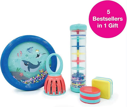 Edushape First Birthday Gift Set - Baby Musical Instruments & Toddler Music Set - Music Toys Baby Gift – Includes Hand Drum, Rain Stick, Shakers, Bell - Interactive Toddler Music Toys for Toddlers 1-3