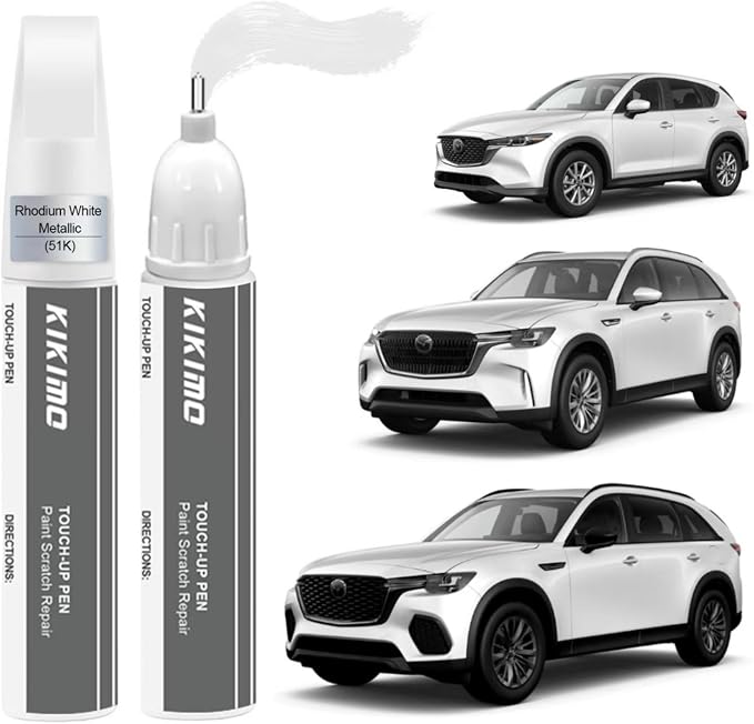 KIKIMO for Mazda Touch Up Paint(Rhodium White Metallic(51K)), Car Paint Repair Kit for Mazda, 2 In 1 Scratches Repair with Pen Tip and Brush, Color-Matched for Quick & Easy Fix