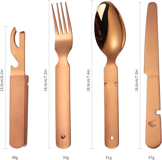 Camping Silverware Copper/Rose Gold Flatware Stainless Steel Eating Utensils Set Travel Portable Knife Fork Spoon Bottle Opener 4 Pieces Multi-functional Durable