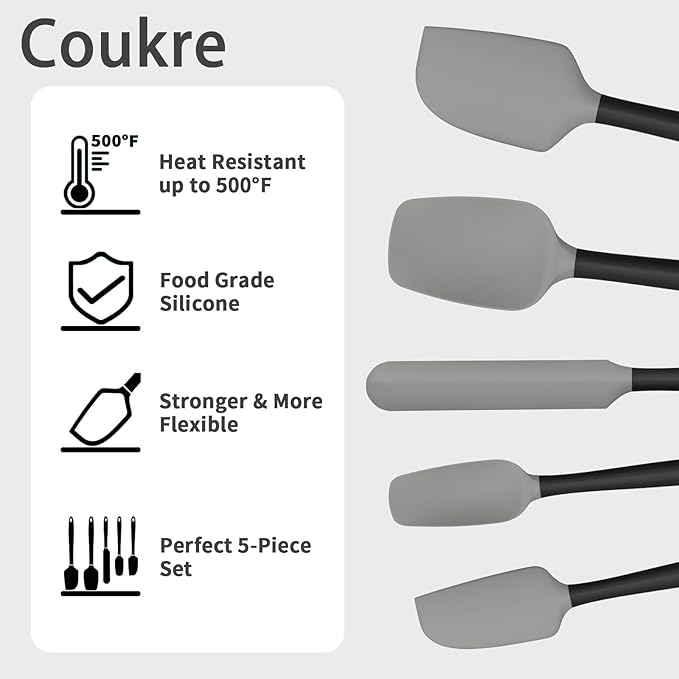 Coukre Silicone Spatula Set of 5,High Temperature Resistant, Food Grade Silicone, Dishwasher Safe, for Baking, Cooking (Gray)