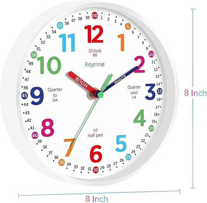 Wall Clock for Kids Learning to Tell Time Non Ticking Battery Operated Kids Teaching Clock Small Teaching Time Clock Decorative for Kids Room Classroom School (8 Inch)