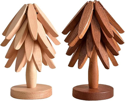Natural Wood Tree Trivet Set, 𝐍atural Tree Trivet Set - 4 Wooden Trivets,4 Wooden 𝐓rivets & 1 Stand Like a Christmas Trees,for Hot Dish,Pot,Bowl,Teapot,Hot Pot Sets (2Color 4 Trivets,2set)