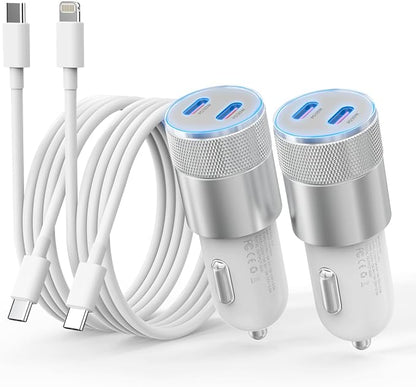 iPhone Car Charger Fast Charging, [Apple MFi Certified] 60W Dual USB-C Power Cigarette Lighter Car Charger+Type-C Cable&Lightning Cable for iPhone 16 15 14 13 12 Pro Plus XS XR iPad, Samsung, Carplay