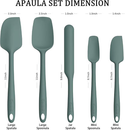 Coukre Silicone Spatula Set of 5,High Heat Resistant, Food Grade Silicone, Upgraded Extended Reinforced Handle,Dishwasher Safe, for Baking, Cooking (Pure Dark Green, Solid color)