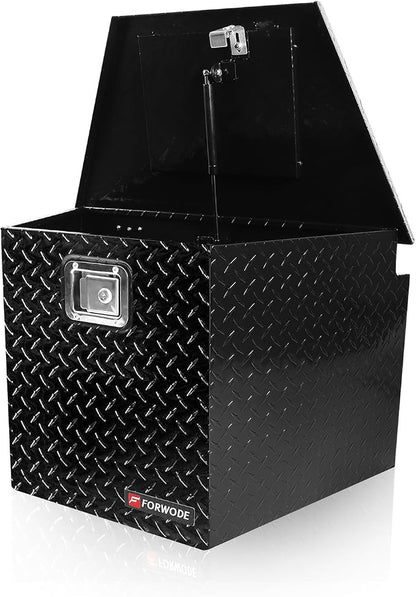 FORWODE Trailer Tongue Box 33 Inch Aluminum Tongue Tool Box Lockable Trailer Tool Chest with Gas Strut, Secure Diamond Plate Truck Tongue Tool Box for Trailer, Truck Bed, Pickup & RV Storage (Black)