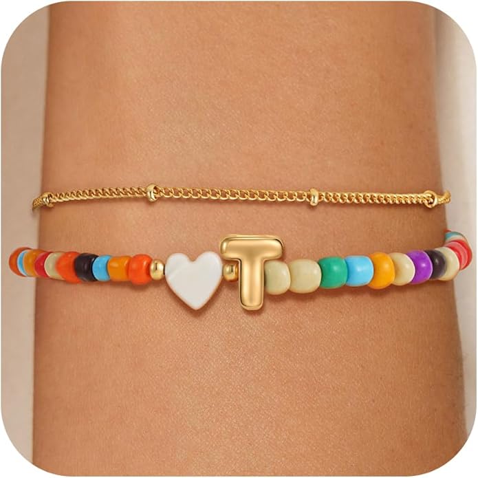 Colorful Initial Bracelets for Women Girls - 14K Gold Plated Heart Initial Letter Daint A-Z Charm Bracelet Summer Jewelry Teen Girl Gifts for Teen Kids