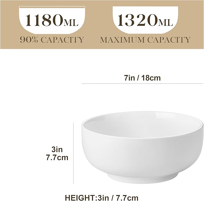 MALACASA Salad Bowls Set, 44 OZ (7") Large Soup Bowls Cereal Bowl for Kitchen, White Ceramic Bowls Set of 2, Dishwasher & Microwave Safe,Series REGULAR