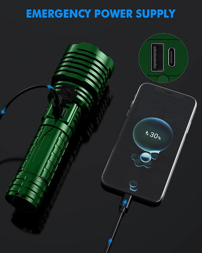 Super Bright Rechargeable LED Flashlights 5000.000 High Lumen, Flashlight Up to 25H Long Battery Life| Zoomable| 5Light Modes| IP67 Water Resistant, Tactical Flashlight for Camping (Green)