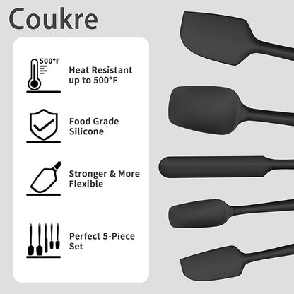 Coukre Silicone Spatula Set of 5,High Temperature Resistant, Food Grade Silicone, Dishwasher Safe, for Baking, Cooking (Pure Black)