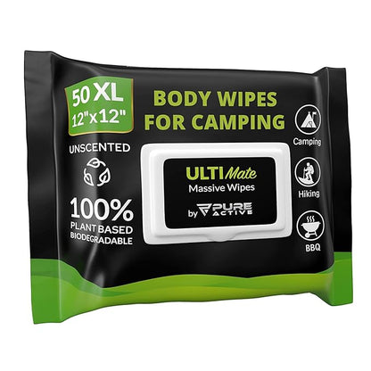 Body Wipes for Camping 50 XXL Camping Wipes 12''x 12'', Shower Body Wipes for Camping, Body and Face Wipes, Biodegradable Personal Hygiene Body Cleansing Wipes for Women Men Kids Elderly Travel
