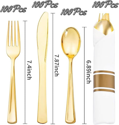 Liacere 100Pack Pre Rolled Gold Silverware and Napkin-Disposable Gold Plastic Utensils-Wrapped Plastic Cutlery Set with Napkin:100 Forks,100 Knives,100 Spoons,100 Napkins for Wedding&Thanksgiving