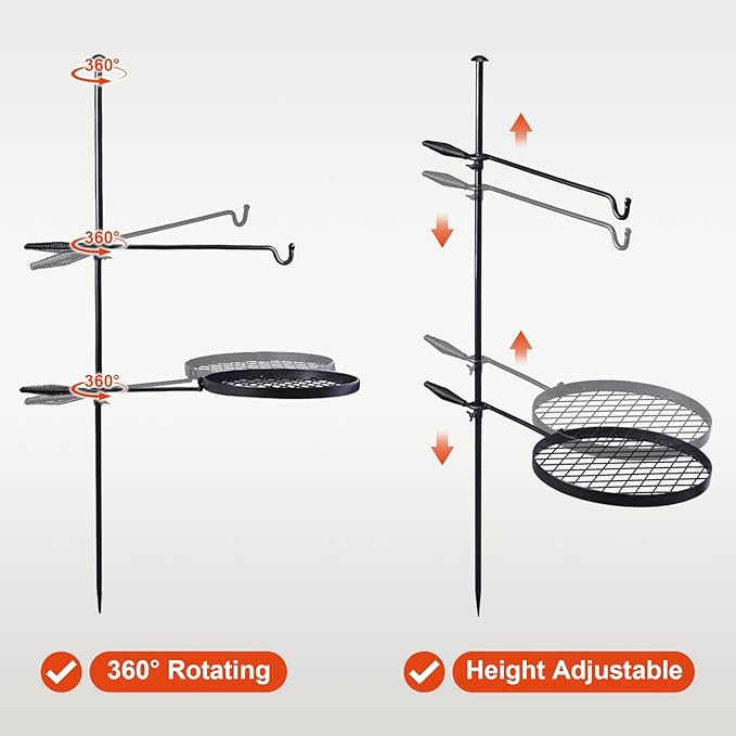 Outvita Swivel Campfire Grill, Open Fire Cooking Equipment for Camping with Height Adjustable Grill Grate and Hanger Rod and Carry Bag