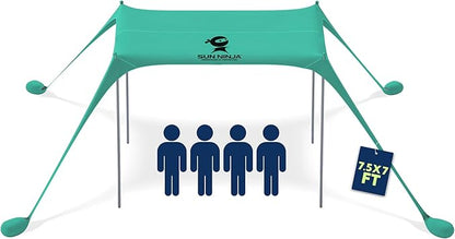 SUN NINJA Beach Tent Sun Shelter UPF50+ - Easy Pop Up Beach Canopy - Outdoor Shade for Camping Trips, Fishing, Backyard Fun Picnics - Sand Shovel, Ground Pegs & Stability Poles
