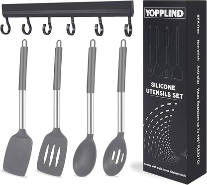 5-Piece Silicone Kitchen Tool Set, BPA-Free, Heat-Resistant, Non-Stick & Dishwasher-Safe, with Slotted/Solid Spoons & Spatulas for Frying, Mixing, Draining – Includes Multi-Purpose Serving Hook(Gray)