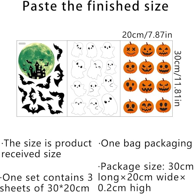 3 Sheets Glow in The Dark Halloween Window Clings Luminous Halloween Window Stickers Pumpkin Ghost Wall Decor Glowing Window Clings for Scary Halloween Theme Party Decorations