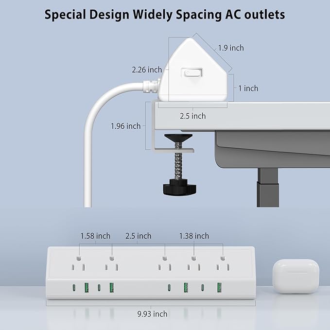 45W Fast Charging Station, Desk Clamp Power Strip, 4 PD USB-C Ports, 5 AC