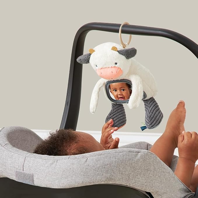 Itzy Ritzy Sensory Tummy Time Toy Mirror - Features Crinkle & Jingle Sounds, Multiple Textures and Mirror for Self-Discovery, Infant Toy for Ages 0 Months and Up, Cow