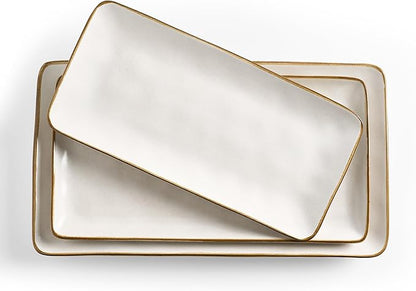 famiware Serving Platter, Rectangular 15.67/14.1/12.6inch Serving Dishes for Entertaining, Dishwasher Safe, Stoneware Serving Trays for Party, Food, Turkey, Snack, Cheese, Reactive Glaze, Matte White