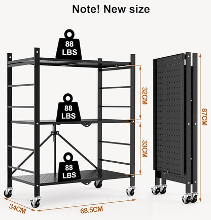 Himix Storage Shelves with 6 Hooks, 3 Tier Foldable Shelf with Wheels, Metal