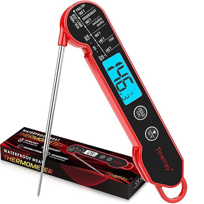 Digital Meat Thermometer for Cooking – Waterproof Instant Read Food Thermometer with Backlight & Calibration, Fast Read, Folding Probe for BBQ, Grill, Candy, Deep Fry, Kitchen, Liquids, Beef（Red）