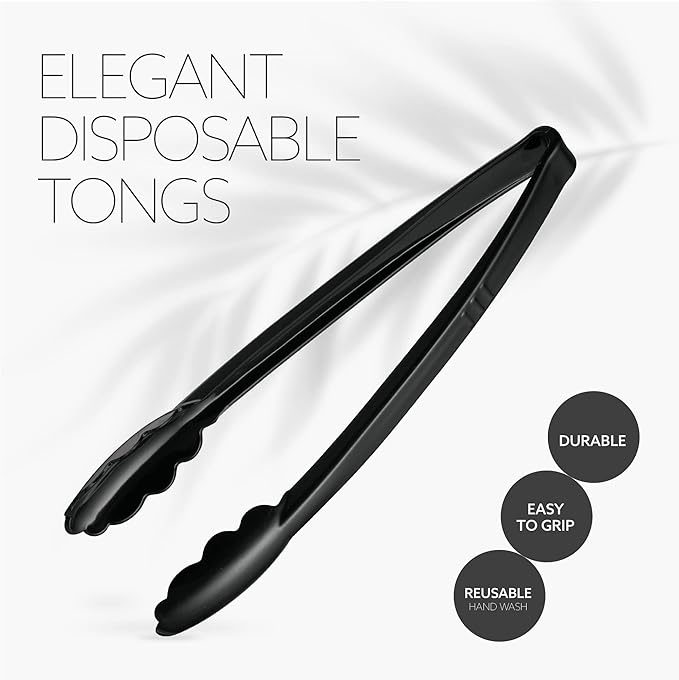 [Black Tongs 12'' Inches] Plasticpro 12'' Serving Tongs Heavy Duty Reusable Kitchen and BBQ Black Serving Tongs for party's, Caterings, Events, Buffet, Weddings, And every Day use Pack of 12