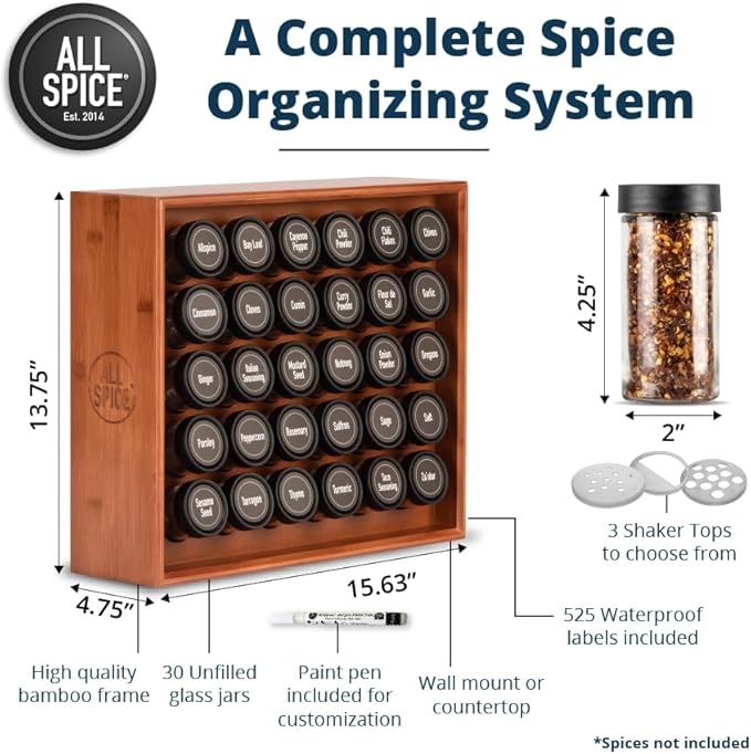 AllSpice Spice Rack Organizer, 525 Unique Labels, Countertop or Wall Mount