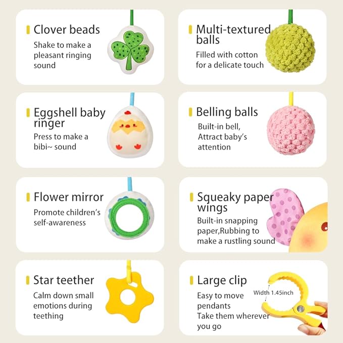 Carseat Toys Hanging for Babies 0-6 Months Boy Girl – Chicken Pull String Baby Toy with Crinkle, Rattle, Mirror, BB Squeaker – Crib Toys Hanging, Stroller, Car Seat Toy, Baby Hanging
