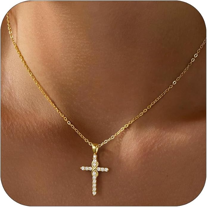 Cross Necklace for Women Trendy - Dainty 18K Real Gold Plated Minimalist Cross Necklace Non Tarnish Waterproof Trendy Cute Simple Small Necklaces Easter Christian Religious Faith Jewelry Gifts