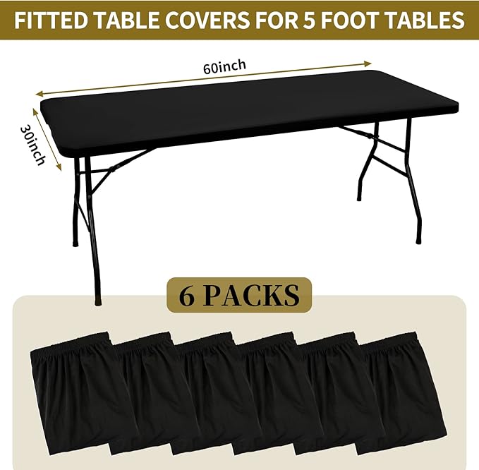 6 Pack Stretch Fabric Table Top Cap Cover, fits 5' Tables, Spandex Table Covers Washable Elastic Universal Rectangle Tablecloth Protector for Indoor Outdoor Party Picnic Wedding, Black, 30" W x 60" L