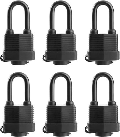 Waterproof Padlocks Keyed Alike for Outdoor use, Covered Heavy Duty Laminated Steel Lock, 1-9/16 Inch. Wide, Long Padlock, Pack of 6