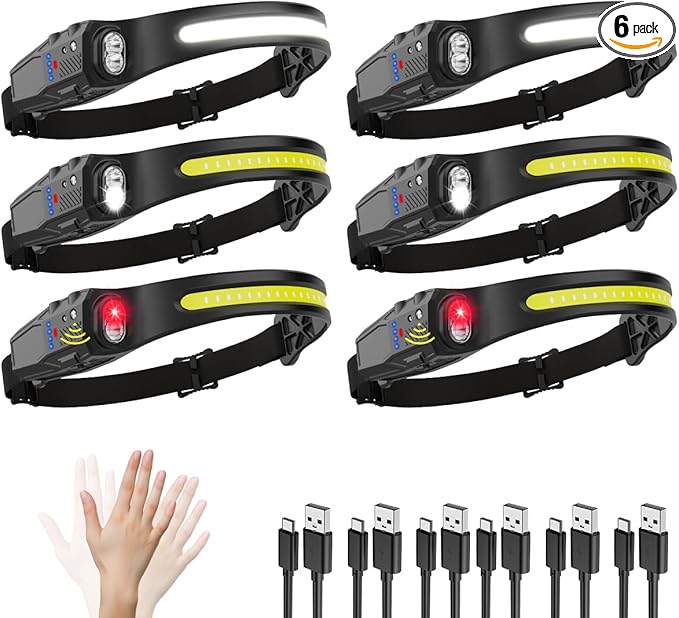 Headlamp Rechargeable 6Pack, 230° Wide Beam LED Headlamp, 7Mode Headlamps for Adults, Head Lamp with Motion Sensor, Red Light Head Lamps LED Rechargeable, Head Lights for Forehead Running Camping