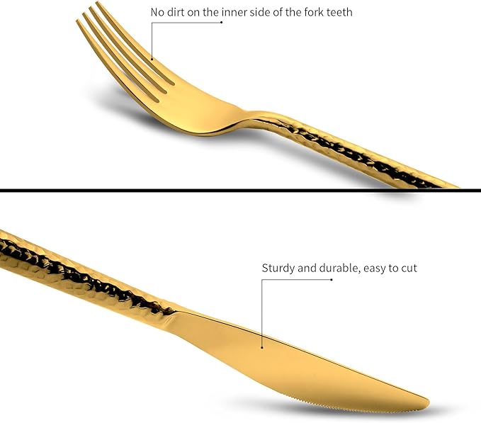 18/10 Stainless Steel Flatware Set Hand Forged Silverware Set Cutlery Set Shiny Gold Round Hammered Handle Mirror Finished 20 Pieces Service for 4