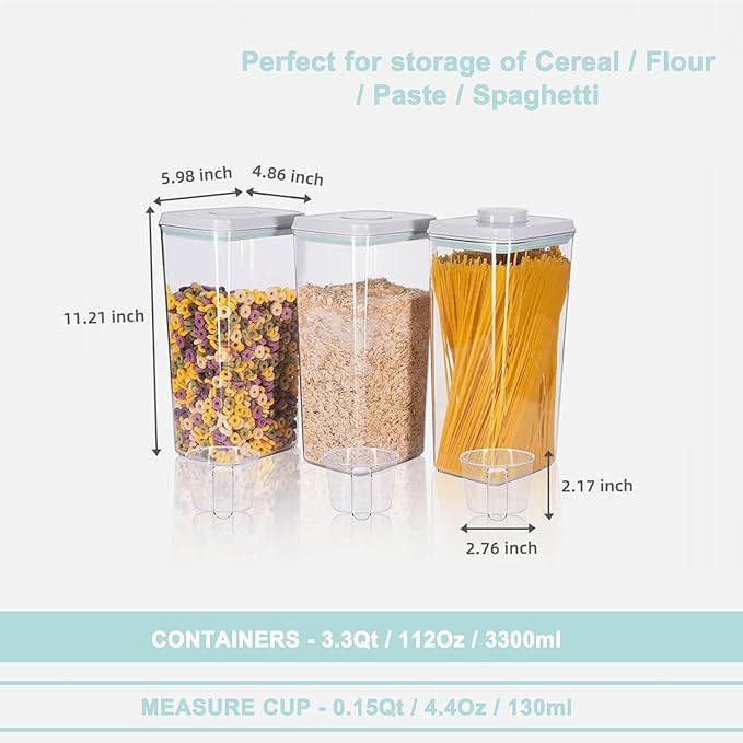 Airtight Food Storage Containers with Lids Pop Up Containers Pasta Organizer for Kitchen Pantry Cereal Snack Flour Sugar Coffee (3pc 3300ml / 3.48qt)