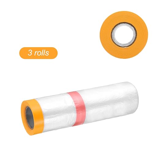 HARFINGTON 3 Rolls Pre-Taped Masking Film 106.3" x32.8ft Double Adhesive Tape and Drape Painters Plastic Drop Cloth Film with Tape Plastic Sheeting for Automotive Painting Covering