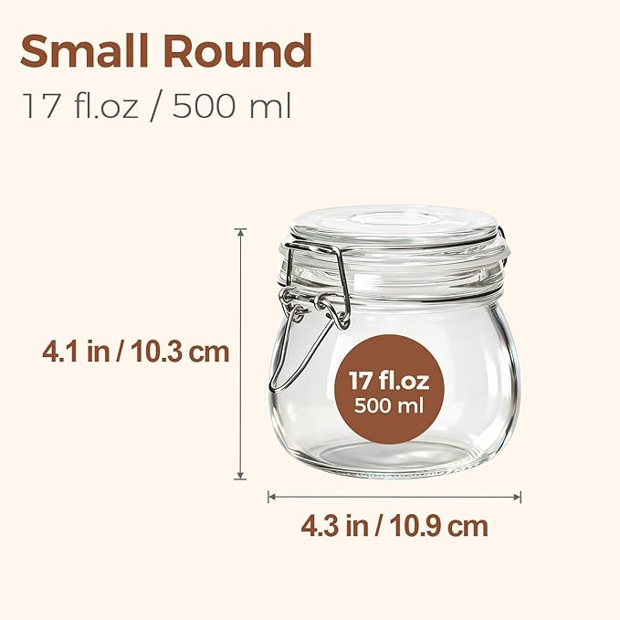 ComSaf Airtight Glass Jars with Lids 17oz Small Food Storage Container Set of 6 - Airtight Canister with Clear Preserving Seal Wire Clip Fastening for Kitchen Canning Pickling Mason jars