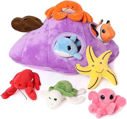 Muiteiur Plush Soft Ocean Animals Set with Plush Sea Shell House Includes Stuffed Turtle, Lobster, Crab, Dolphin, Devil Fish, Octopus, Starfish, Clownfish (Multicolor,8 Piece)