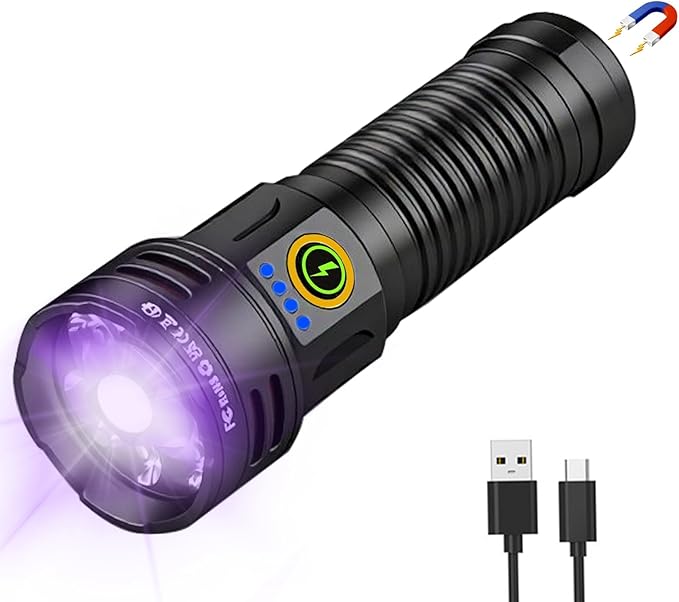 2-in-1 365nm UV Flashlight & High Lumens LED Flashlight, 7 Modes Rechargeable, 18H Runtime, IPX5 Waterproof Black Light for Pet Urine Detection, Curing Resin, Outdoor Emergencies, Scorpion Hunting