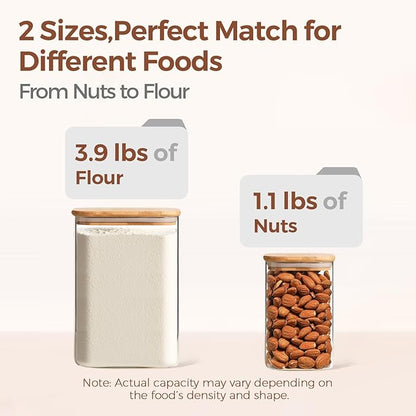 ComSaf Glass Food Storage Containers, 3.6Qt/1.2Qt Glass Flour and Sugar Containers with Airtight Lids, Large Square Jars with Bamboo Lids for Rice, Pasta, Oats, Grains, Cookies, Snacks, Candy