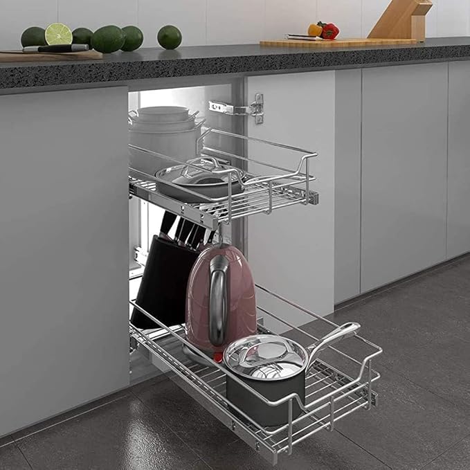 2 Tier Pull Out Cabinet Organizer 11" W X 22" D, Slide Out Drawers For Kitchen Cabinets, Pull Out Drawers For Cabinets Capacity Heavy Duty Caddy, Cabinet Pullout Shelves Chrome-Plated, Bathroom Pantry