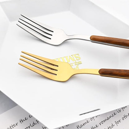 20 Piece (4 Set) Wood Handle Silverware Set, Retro 18/0 Stainless Steel Cutlery Set, Kitchen Utensils Include Knife Fork Spoon, Mirror Polish, Gold