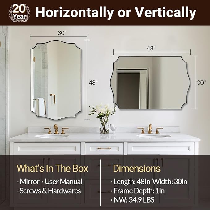 ANDY STAR 30x48 Inch Matte Black Mirror, Unique Rectangular Bathroom Mirror