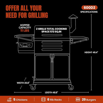Z GRILLS Wood Pellet Grill & Smoker 8-in-1 Pellet Grill with Automatic Temperature Control，Meat Probes，572 Sq. in Area for Backyard Camping Outdoor Party