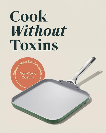 Caraway Square Griddle Pan - 11” Square Pan - Non-Stick Ceramic Coated - Non Toxic, PTFE & PFOA Free - Oven Safe & Compatible with All Stovetops - Sage